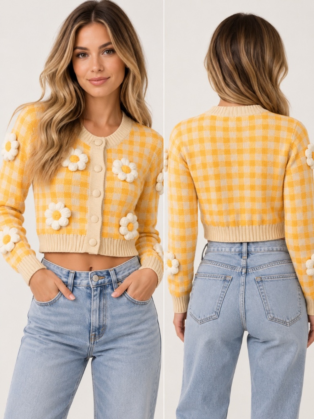 Kinnatty Italy Daisy Gingham Cropped Knit Cardigan